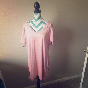 Blush pink faux suede v neck shirt dress